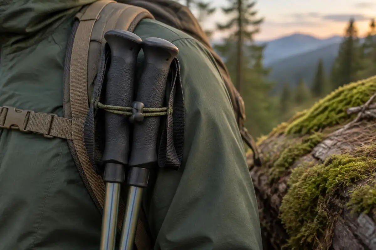 Bungee loop and toggle holding the pole handles at shoulder height