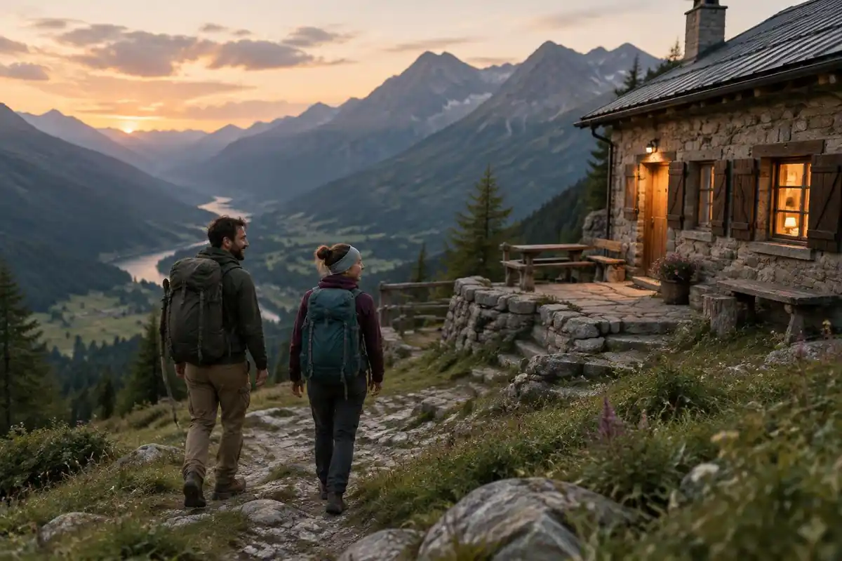 Hikers arriving at a hut with poles stowed, dusk over a green valley