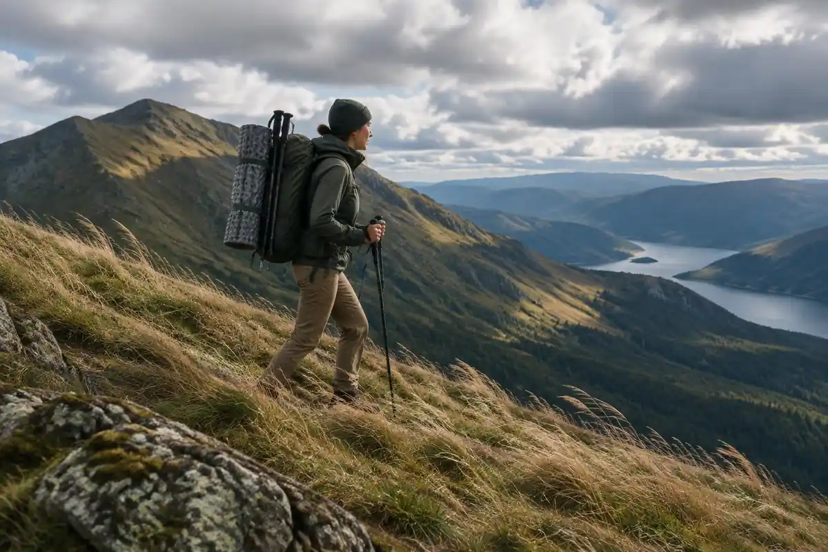 Hiker on a steep ridge with a foam mat and poles strapped on