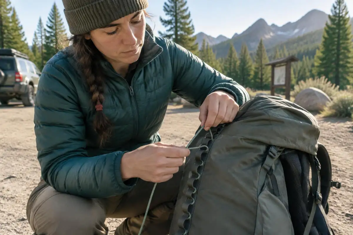 Person threading a cord through a loop on the pack at a trailhead