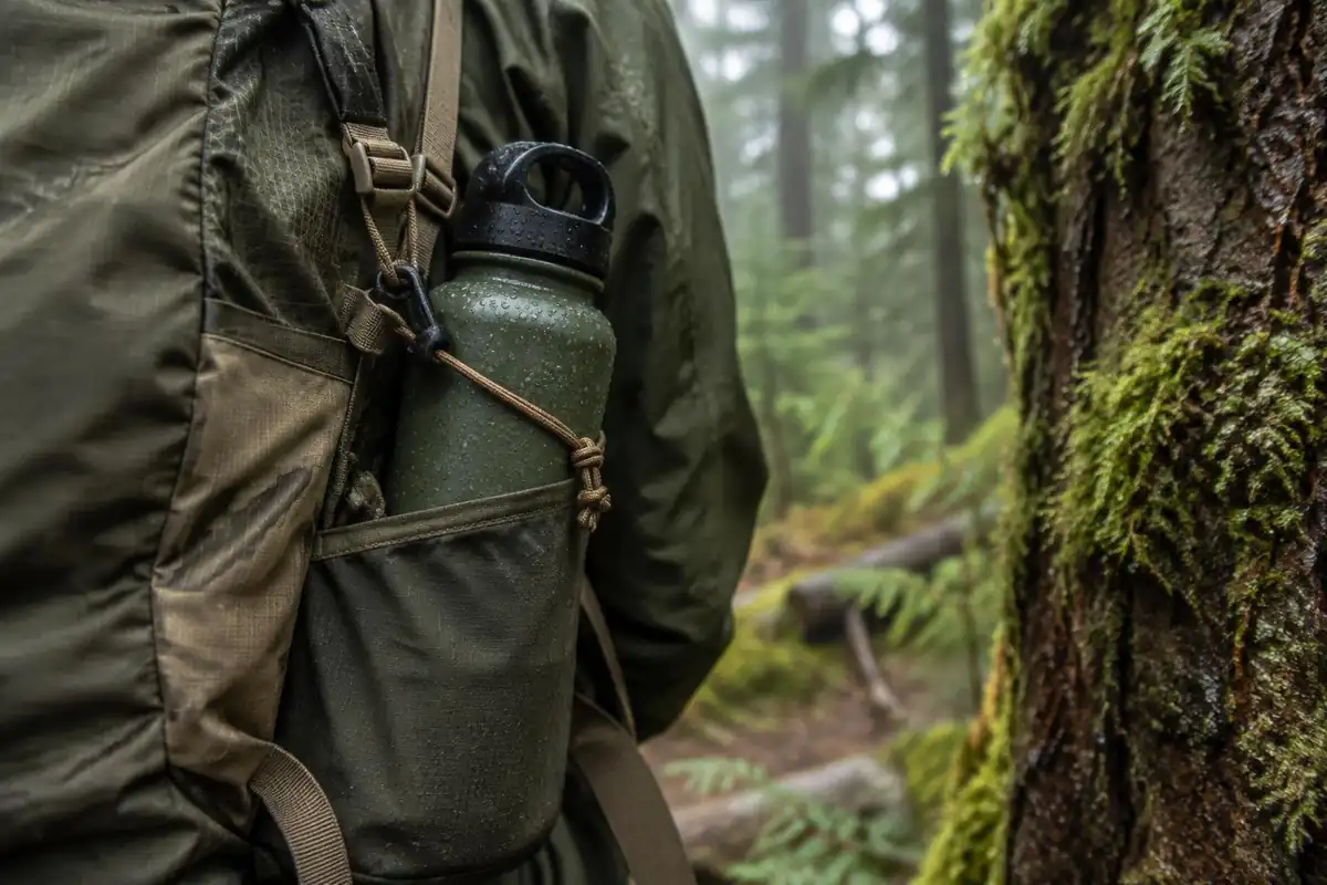 Carabiner and a clip holding a water bottle on a pack strap