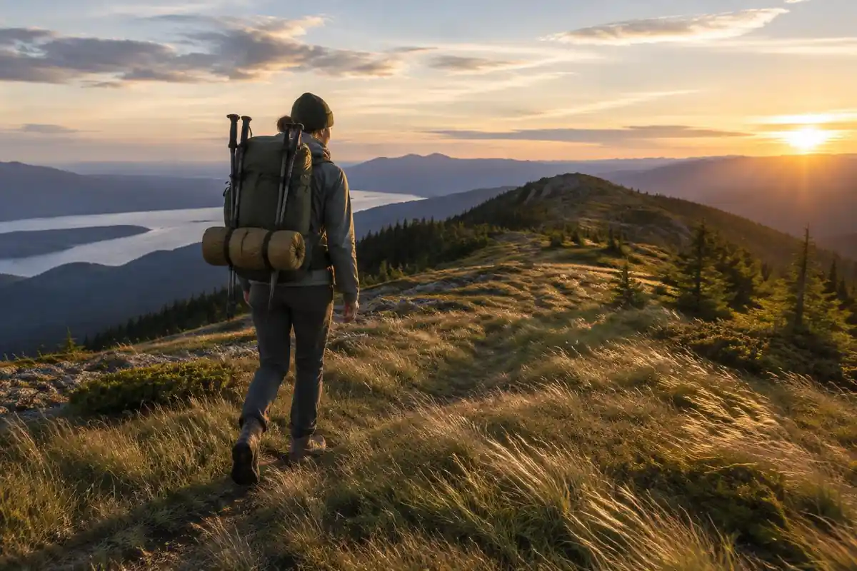 Hiker on a ridge with trekking poles strapped and a tent tucked to the pack