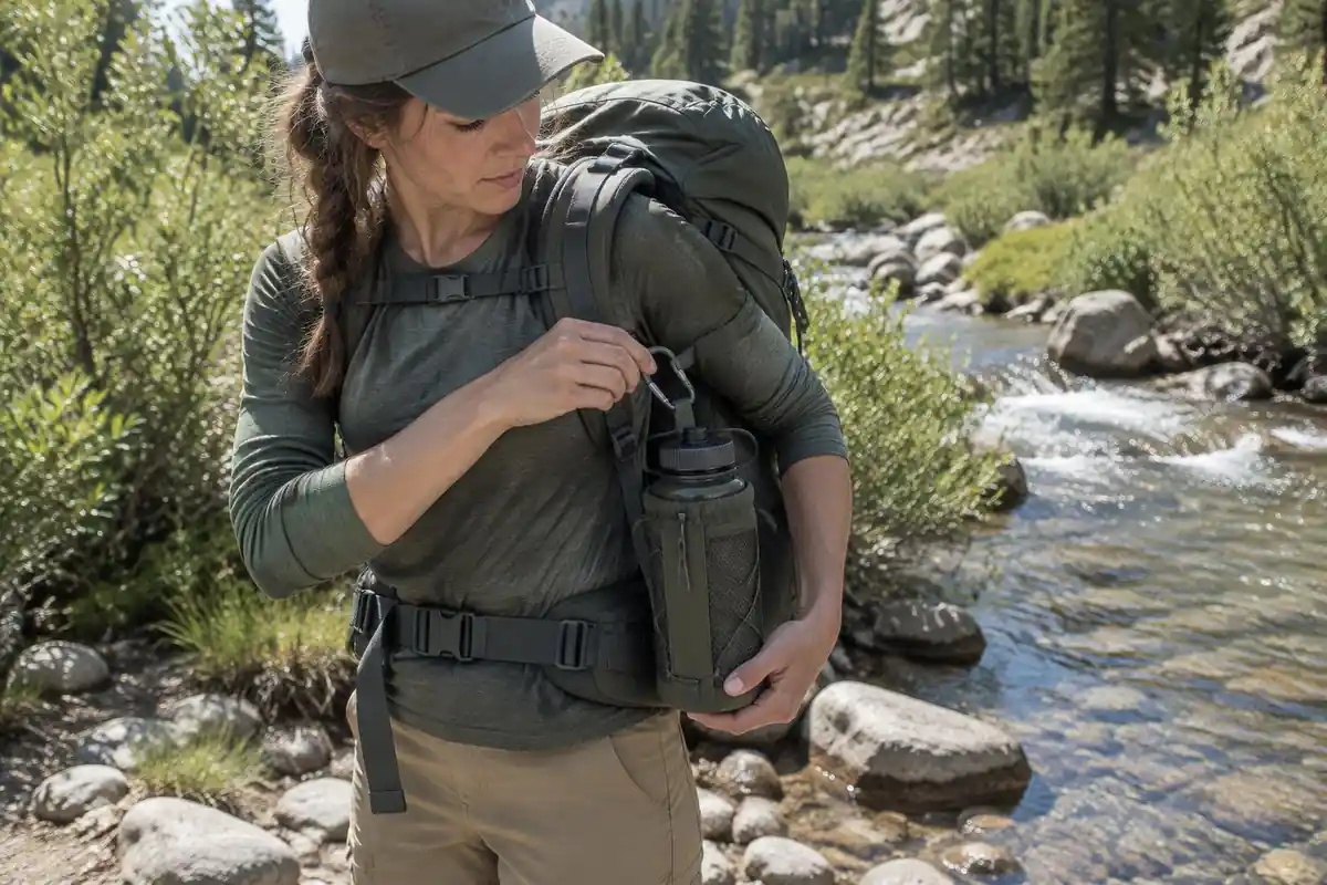 Man clipping a water bottle to the side of a pack with a carabiner