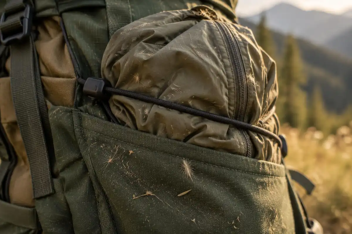 Bungee cord crossing the back of a pack with a jacket tucked under it