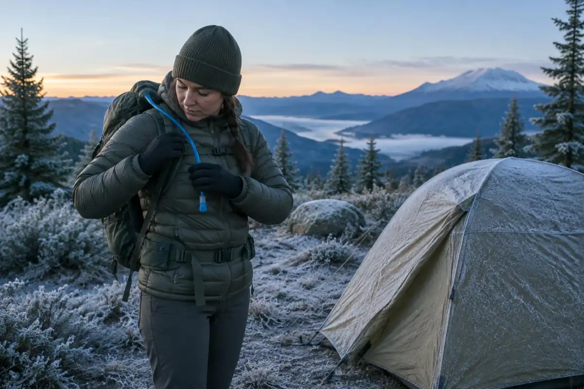 Freezing dawn camp with an insulated tube tucked under a shoulder strap