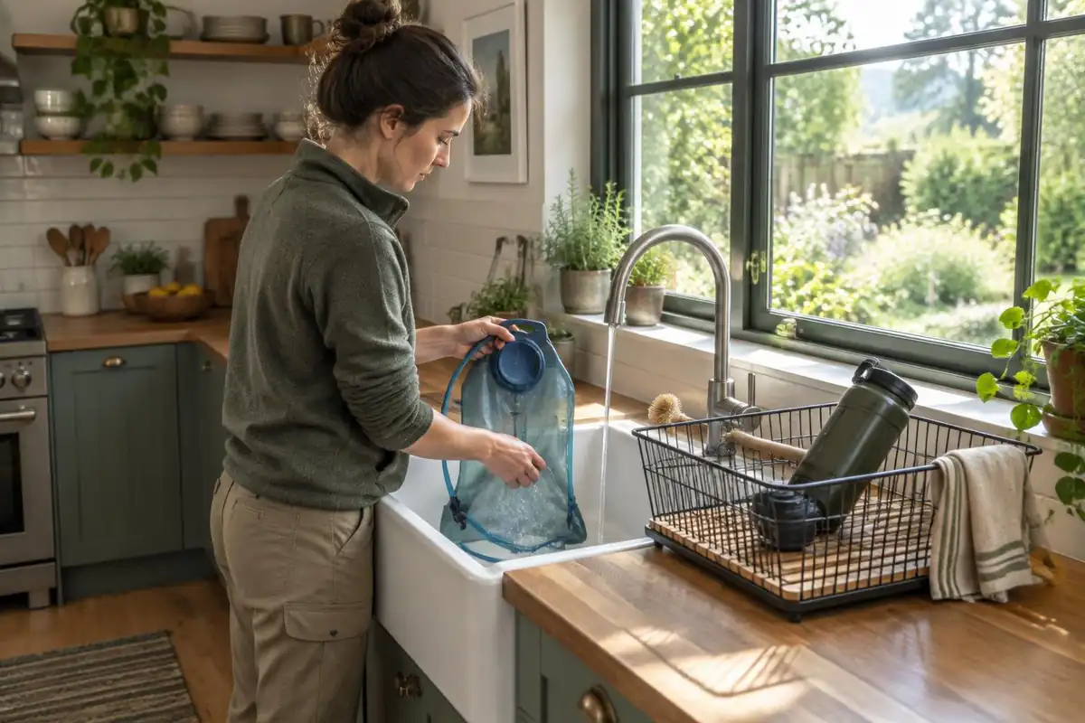 Kitchen sink scene with a hydration bladder being washed