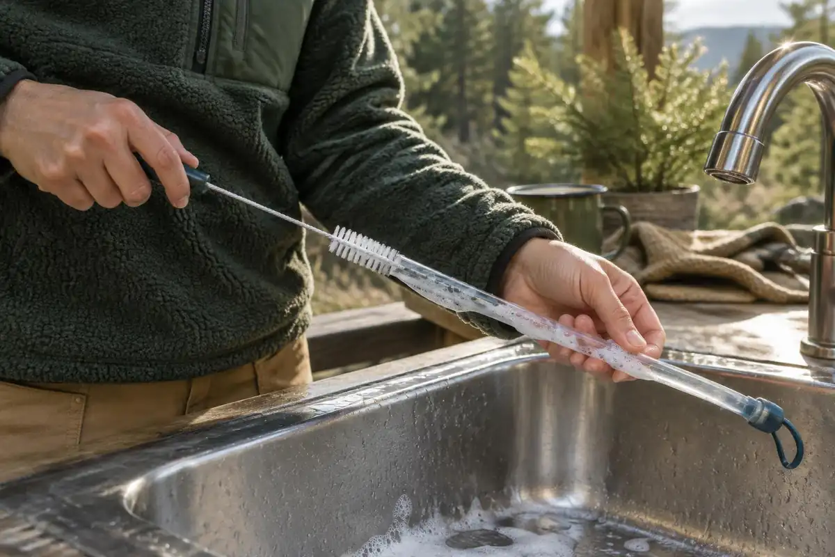 Hands scrubbing the tube with a long brush at a sink