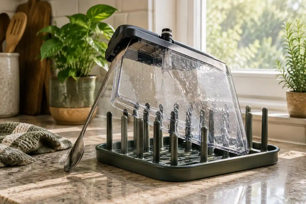 Reservoir propped open with a whisk to dry on a counter
