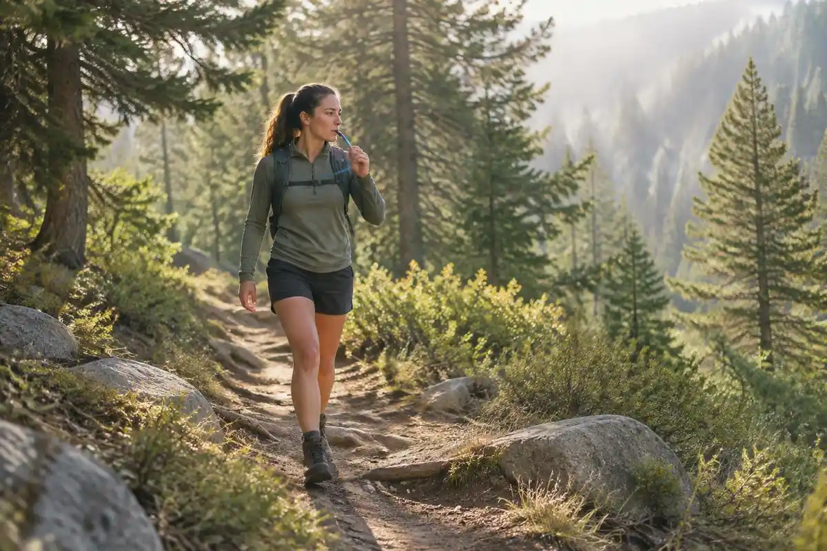 Hiker walking a sunlit trail with a water tube sipping while moving