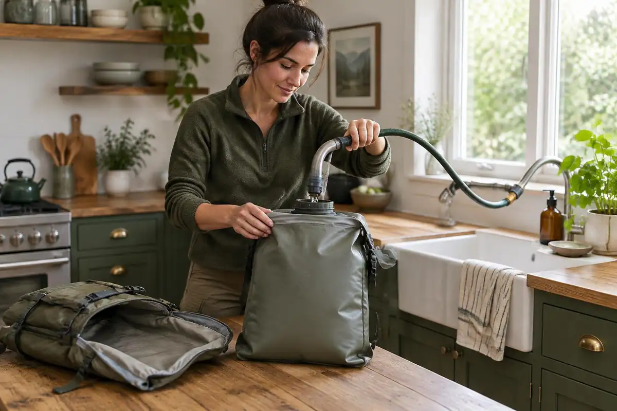 Woman filling a large reservoir from a kitchen sink before a hike