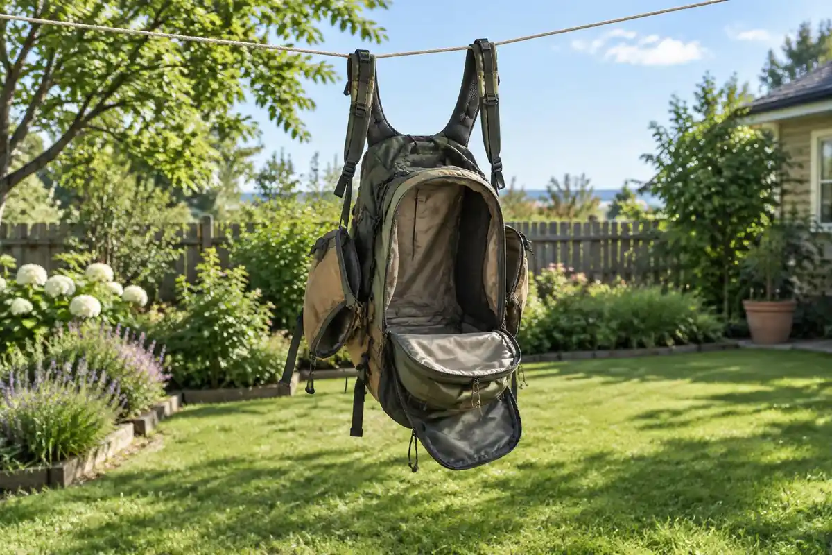 A large pack hangs upside down from a backyard clothesline with its zippers open