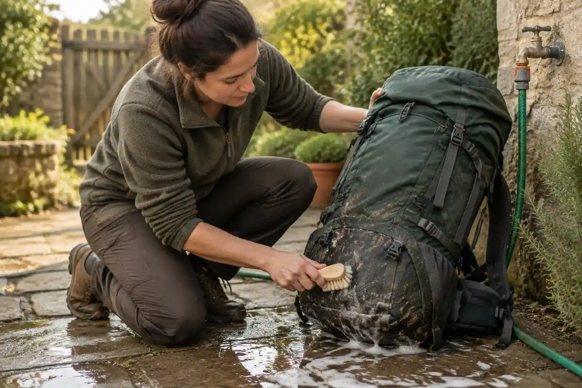 A person gently scrubs mud from a pack's lower panel beside a garden hose tap
