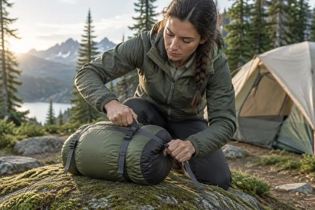 Woman cinching a compression sack around a sleeping bag on a mossy rock
