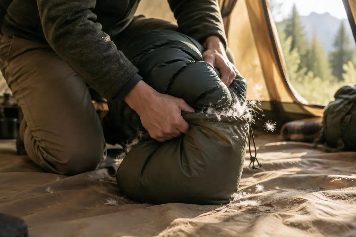 Sleeping bag half-stuffed into a sack, hands pressing air out