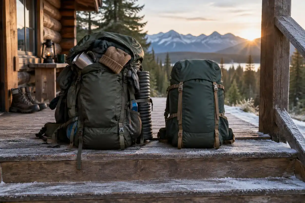Two packs at a cabin door, one bulging, one compact, in morning frost