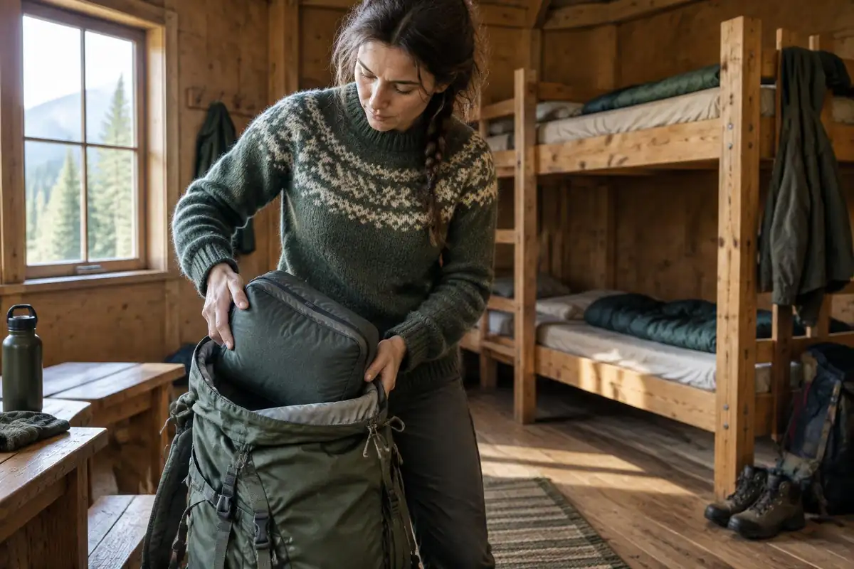 Hiker sliding a packed cube into the pack at a hostel