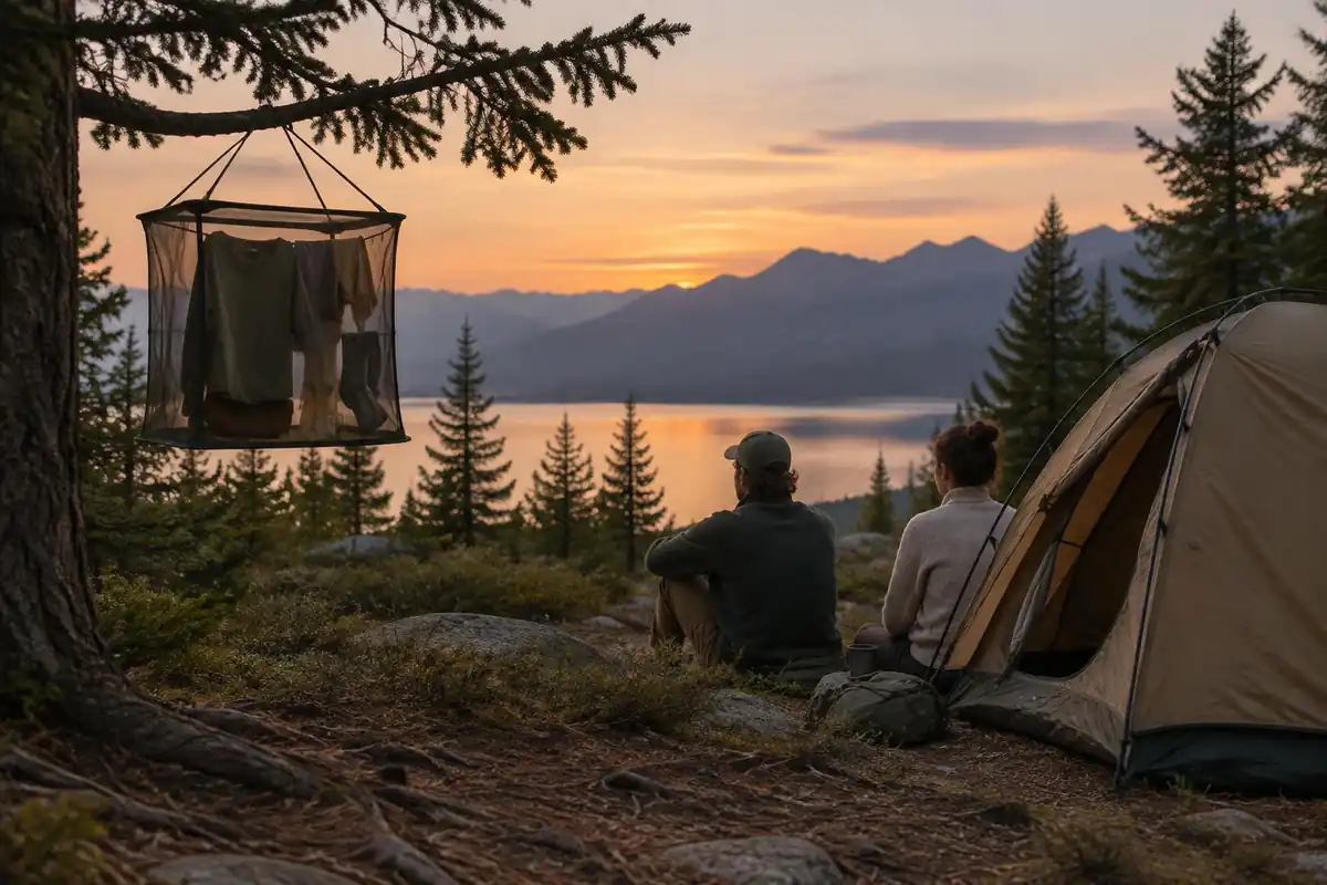 Camp at dusk with a mesh cube of clothes hung beside the tent