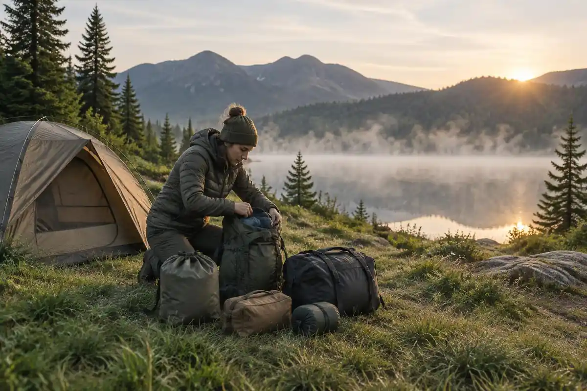 Camp scene with sacks spread beside a tent at dawn