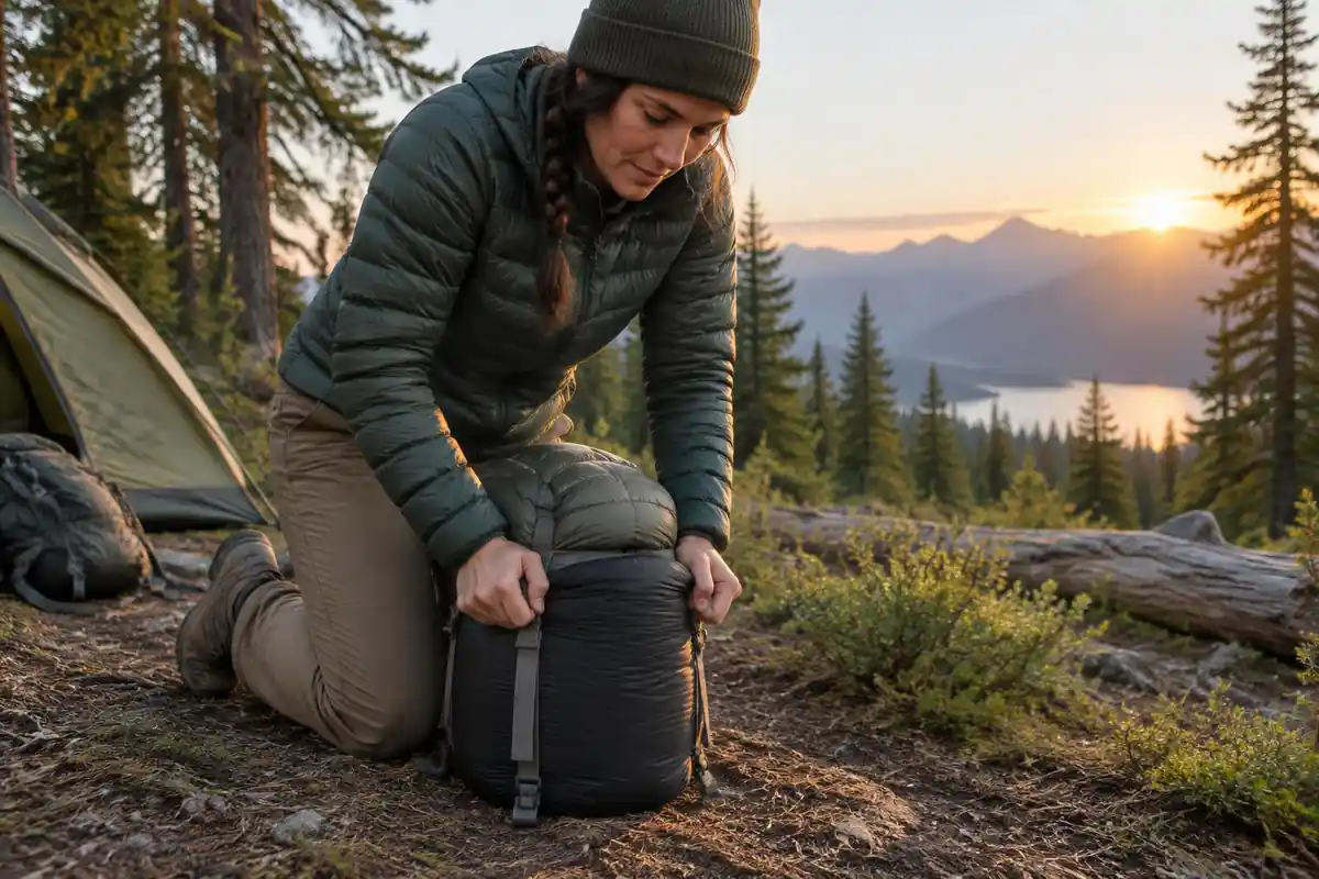 Hiker pressing down on a compression sack with knee for a sleeping bag