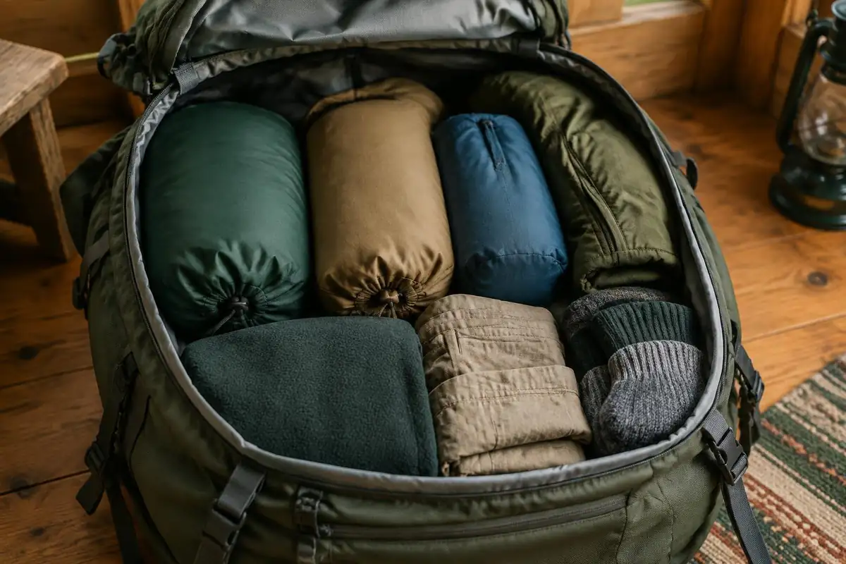 Colourful stuff sacks with clothes inside arranged in a pack