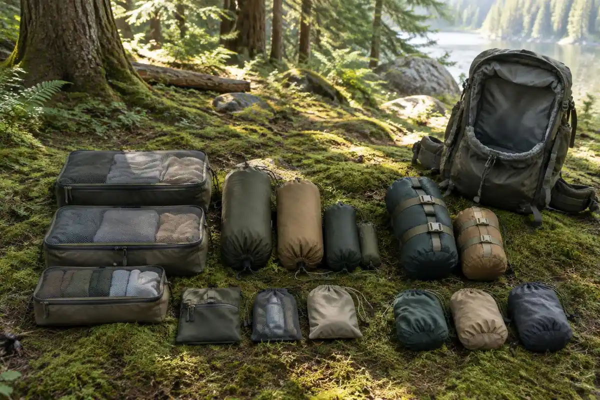Well-organised gear laid out by category on a mossy forest floor