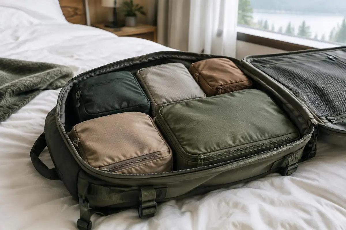 Packing cubes with different coloured tags in an open travel pack