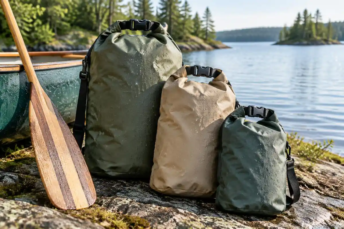 Dry bags in three sizes stacked next to a canoe paddle