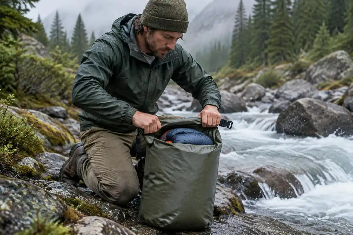 Man rolling down the top of a dry bag beside a mountain stream