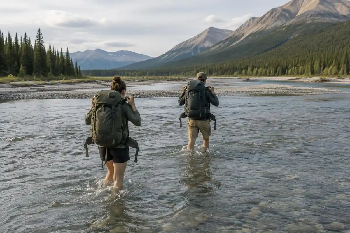 Backpackers wading a shallow river with packs held high, gear protected