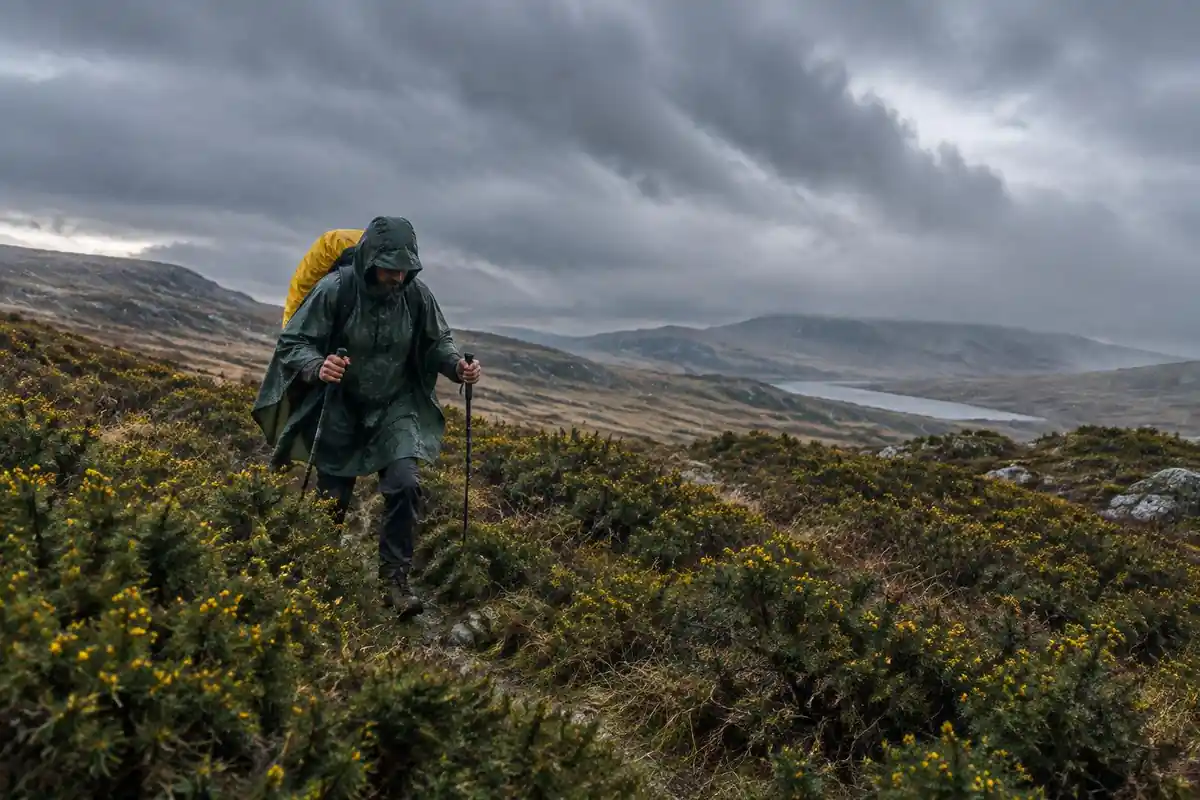 Hiker crossing a gorse moor in a downpour with a covered pack