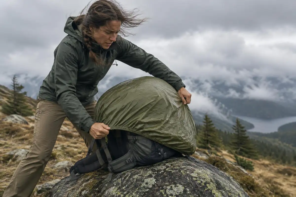 Woman stretching a rain cover over her pack in a gusty wind