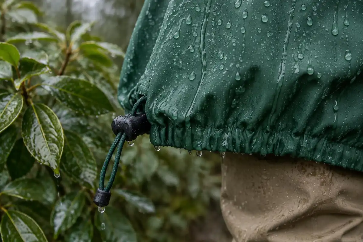 Water beading and running off a bright cover with a cord lock