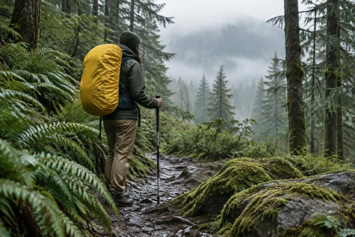 Loaded hiker on a wet trail with a rain cover pulled over the pack