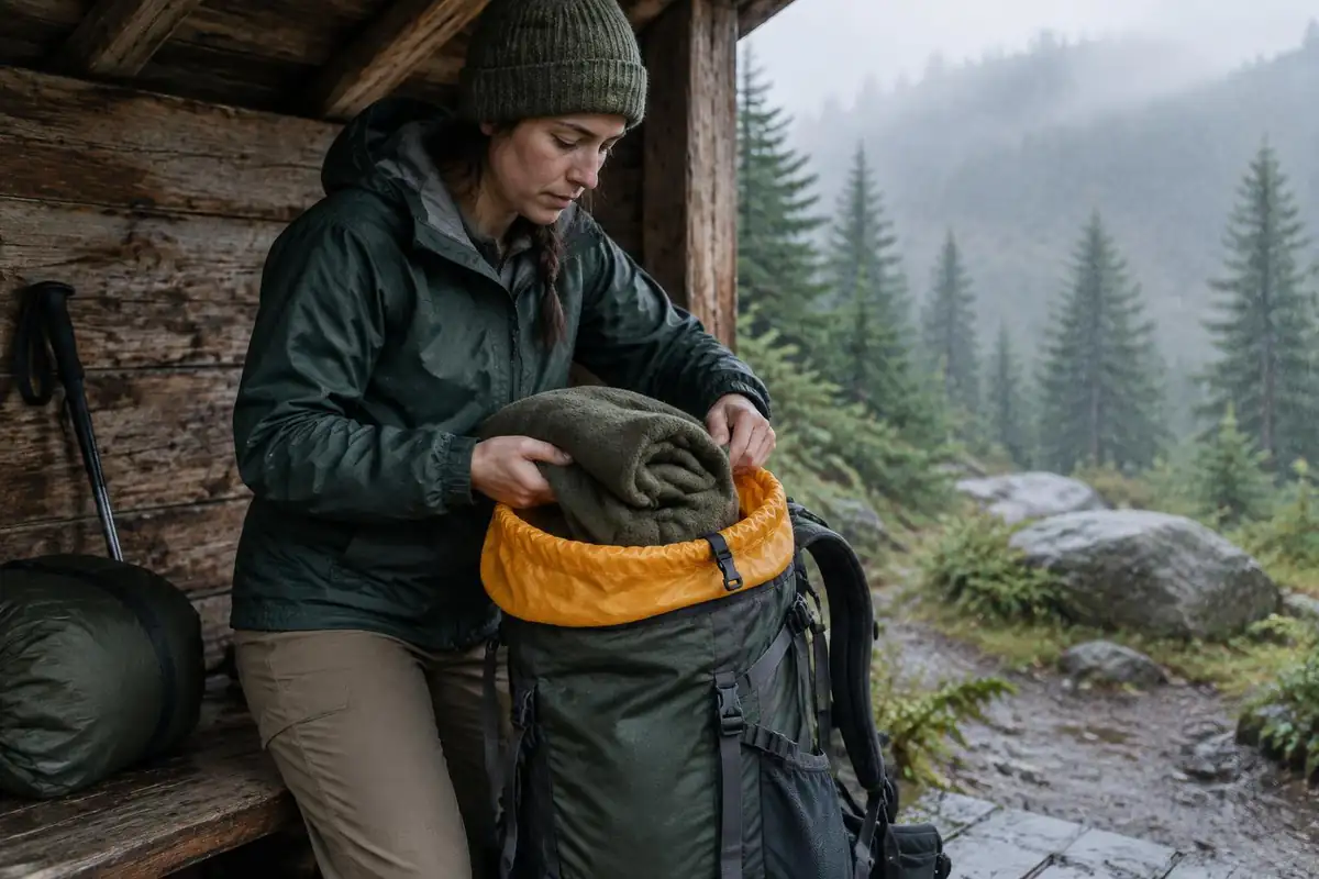 Hiker stuffing a spare layer into a waterproof liner