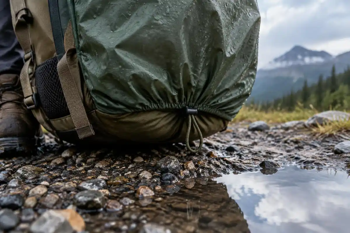 Rain cover cord looped under the pack base