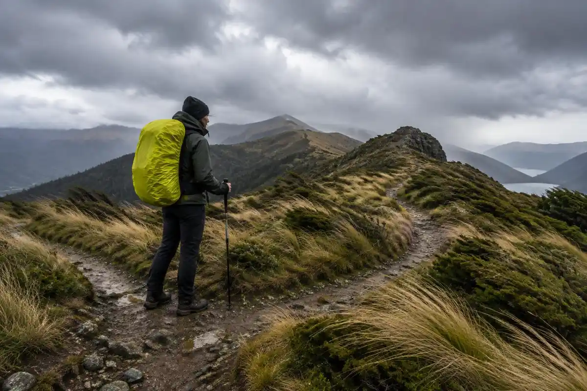 Hiker at a wet trail junction in a storm with a rain cover
