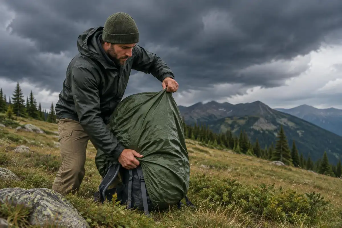 Hiker pulling a rain cover over a pack as clouds close in