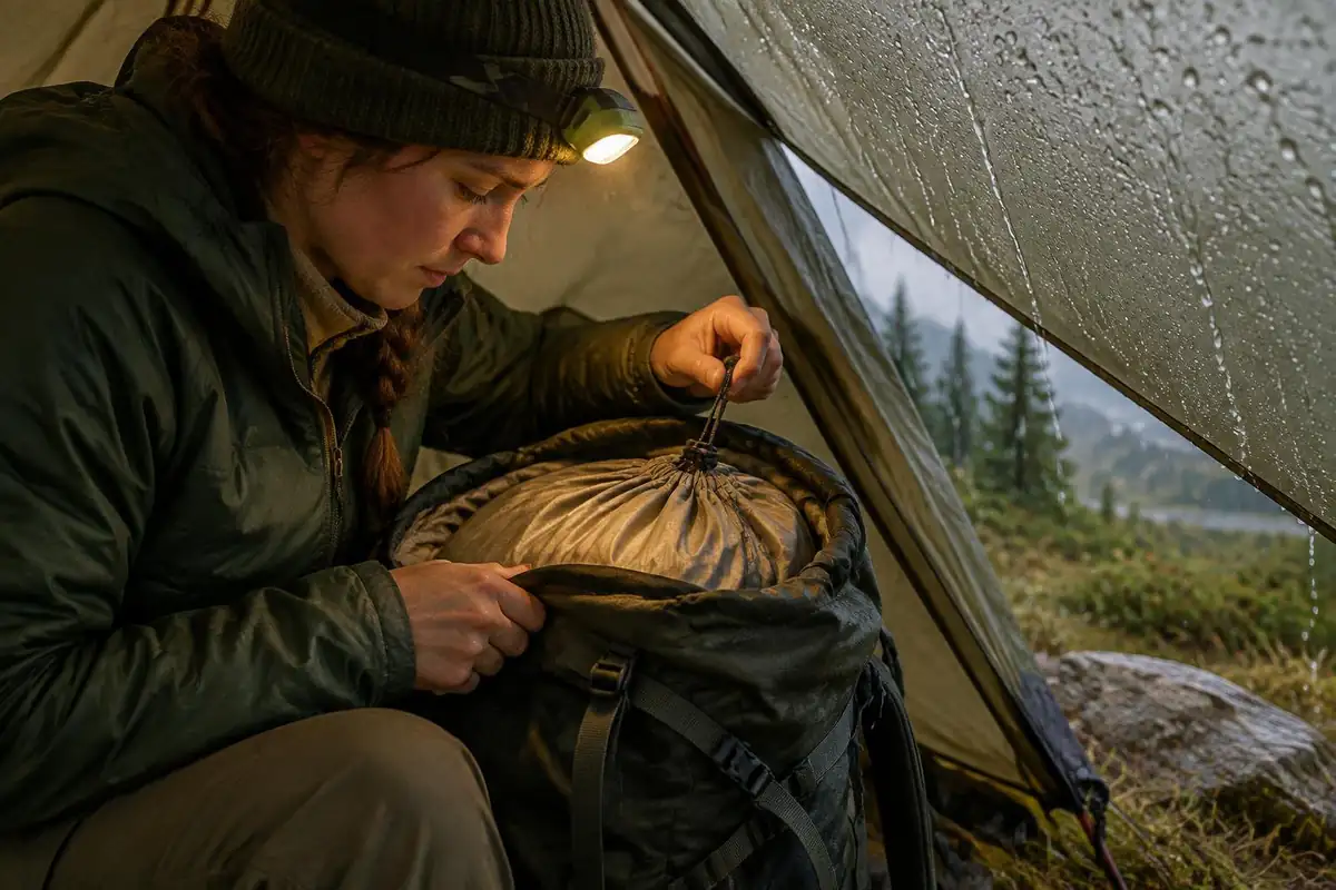 Dry clothes in a liner inside a pack in the tent vestibule