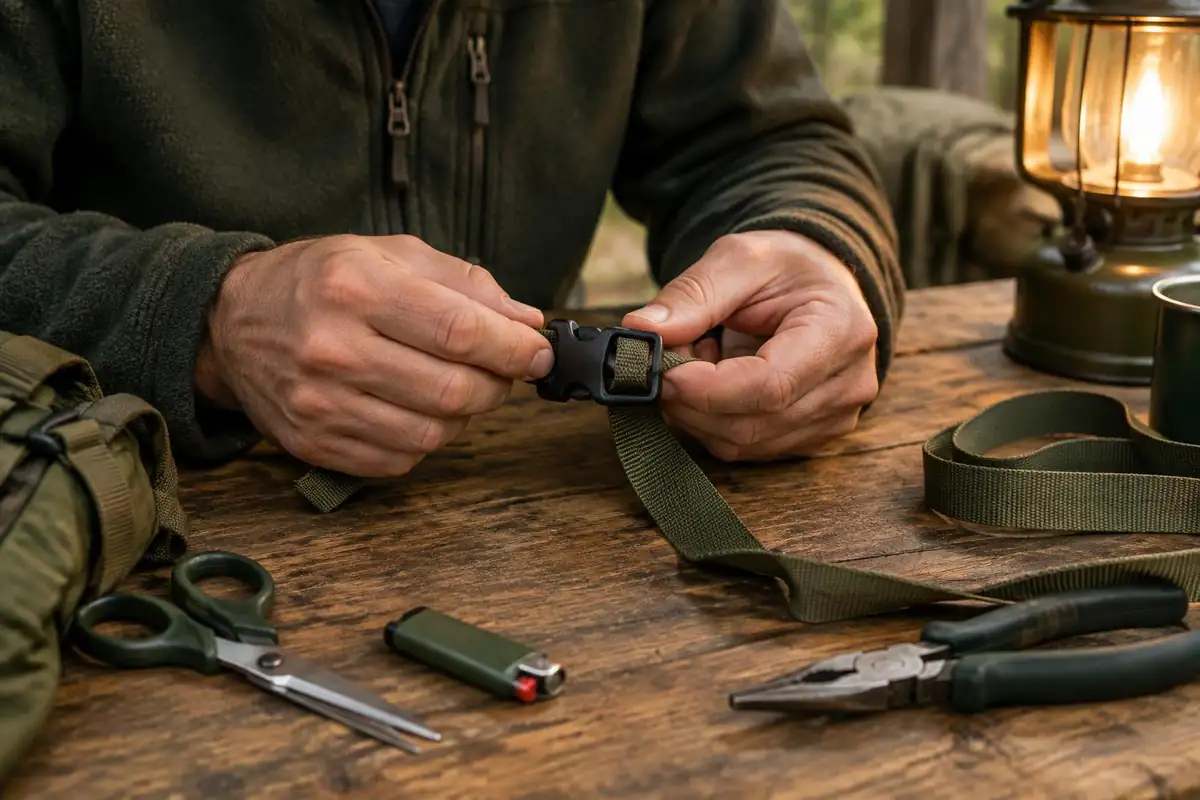 Hands threading a replacement buckle through webbing at a workbench