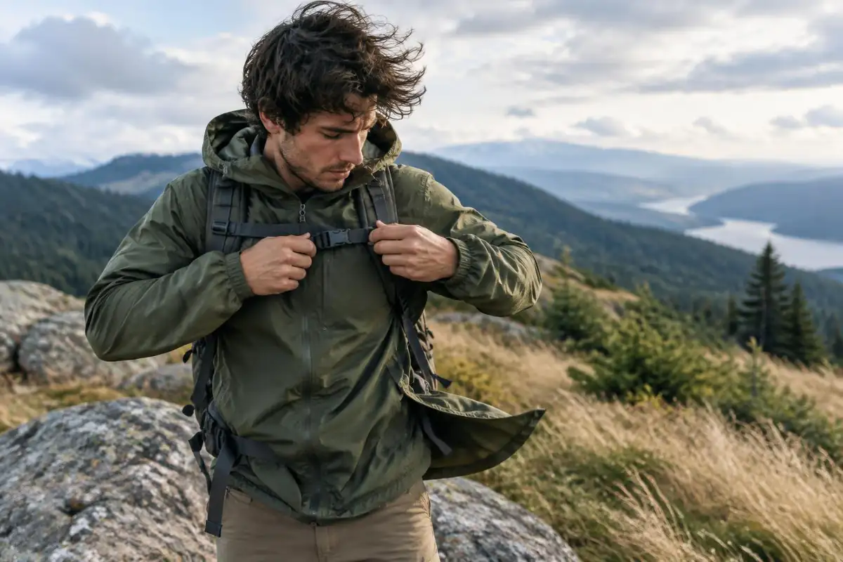 Hiker fastening a chest strap on a windy boulder at a trailhead