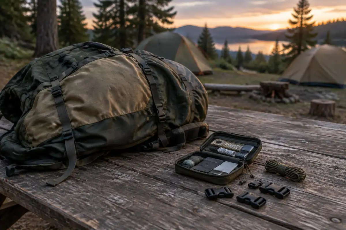 Repair kit on a picnic table at camp with a worn pack under repair