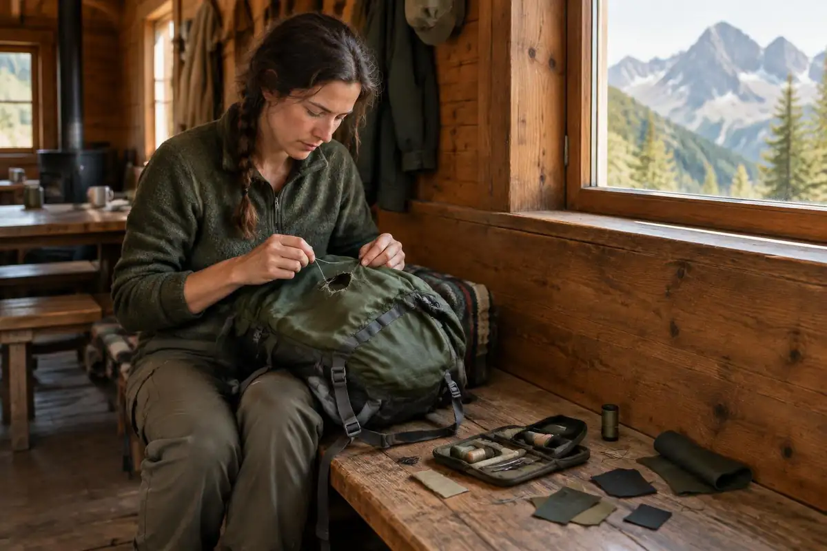 Repair kit spread on a mountain hut bench with a torn pack