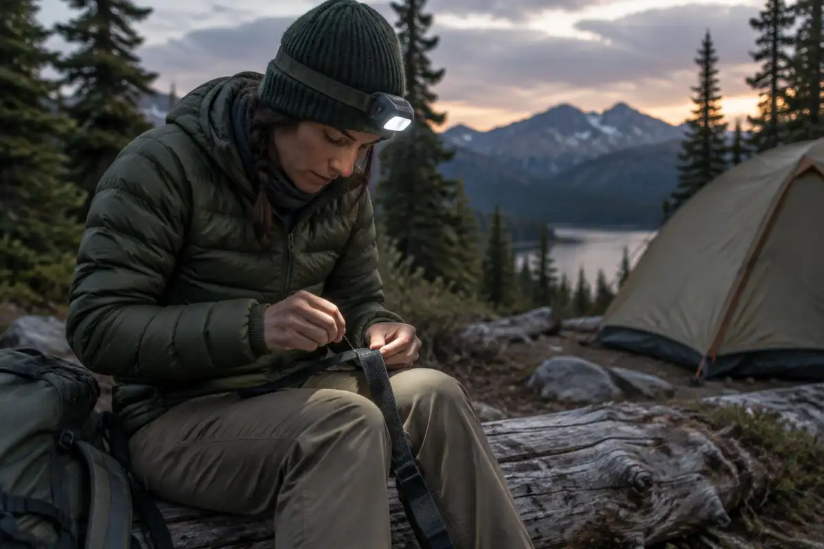 Hiker stitching a strap by headlamp at camp on a log