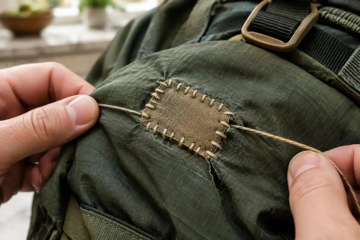 Close view of a sewn patch and thread on a rip