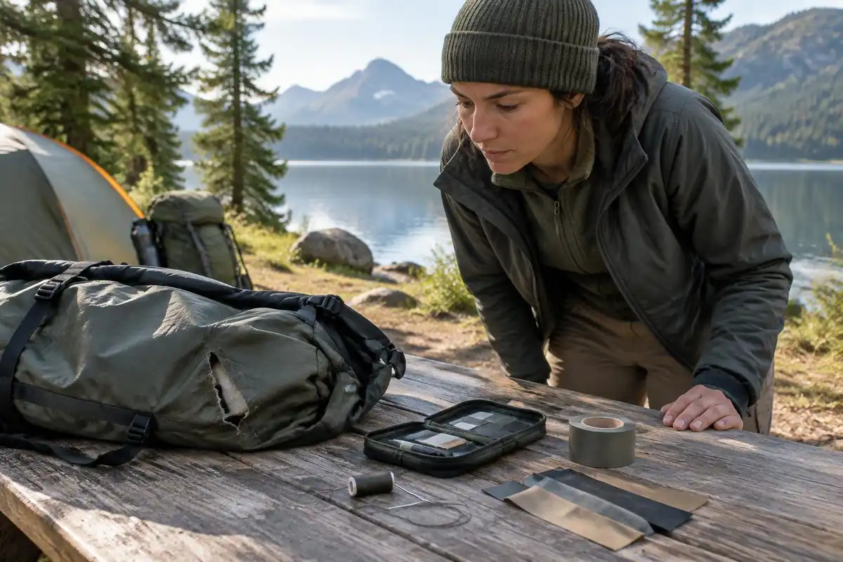 Repair kit spread on a picnic table beside a torn pack