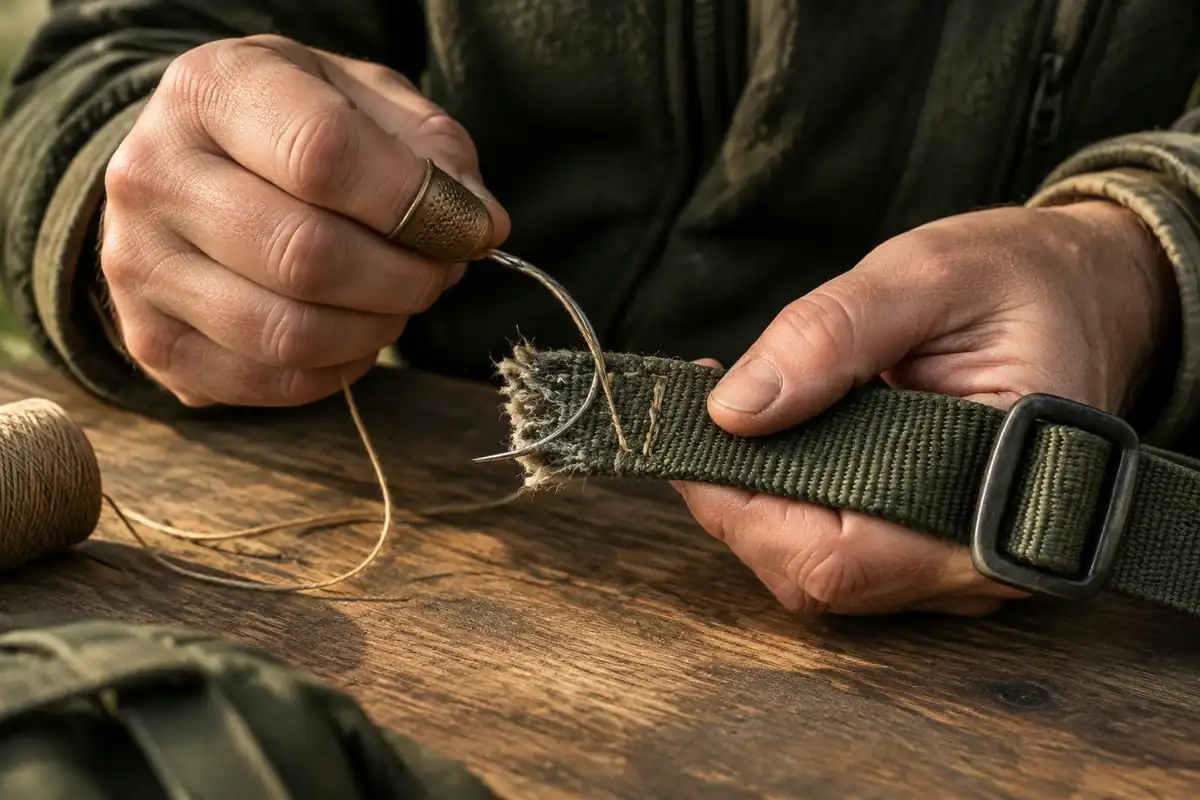 Stitching a torn strap with heavy thread and a curved needle
