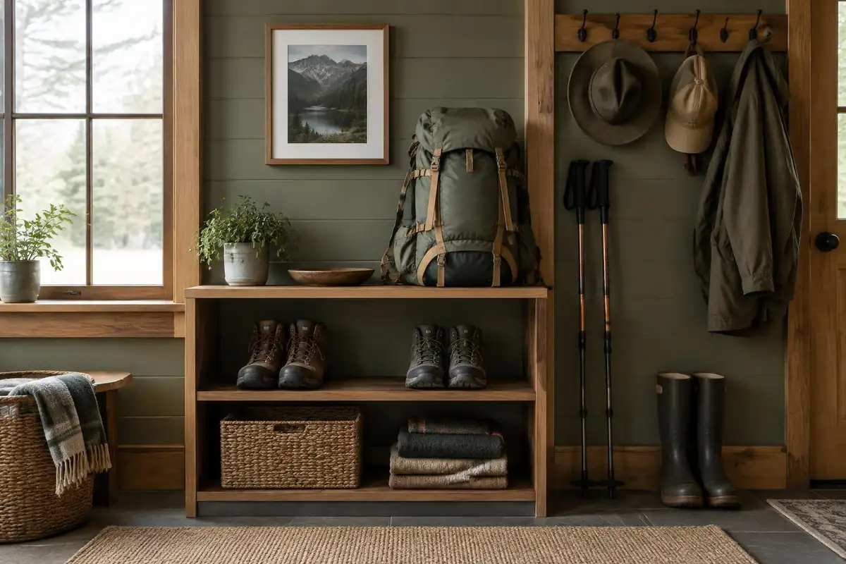 Pack on a shelf in a tidy gear room beside boots and poles