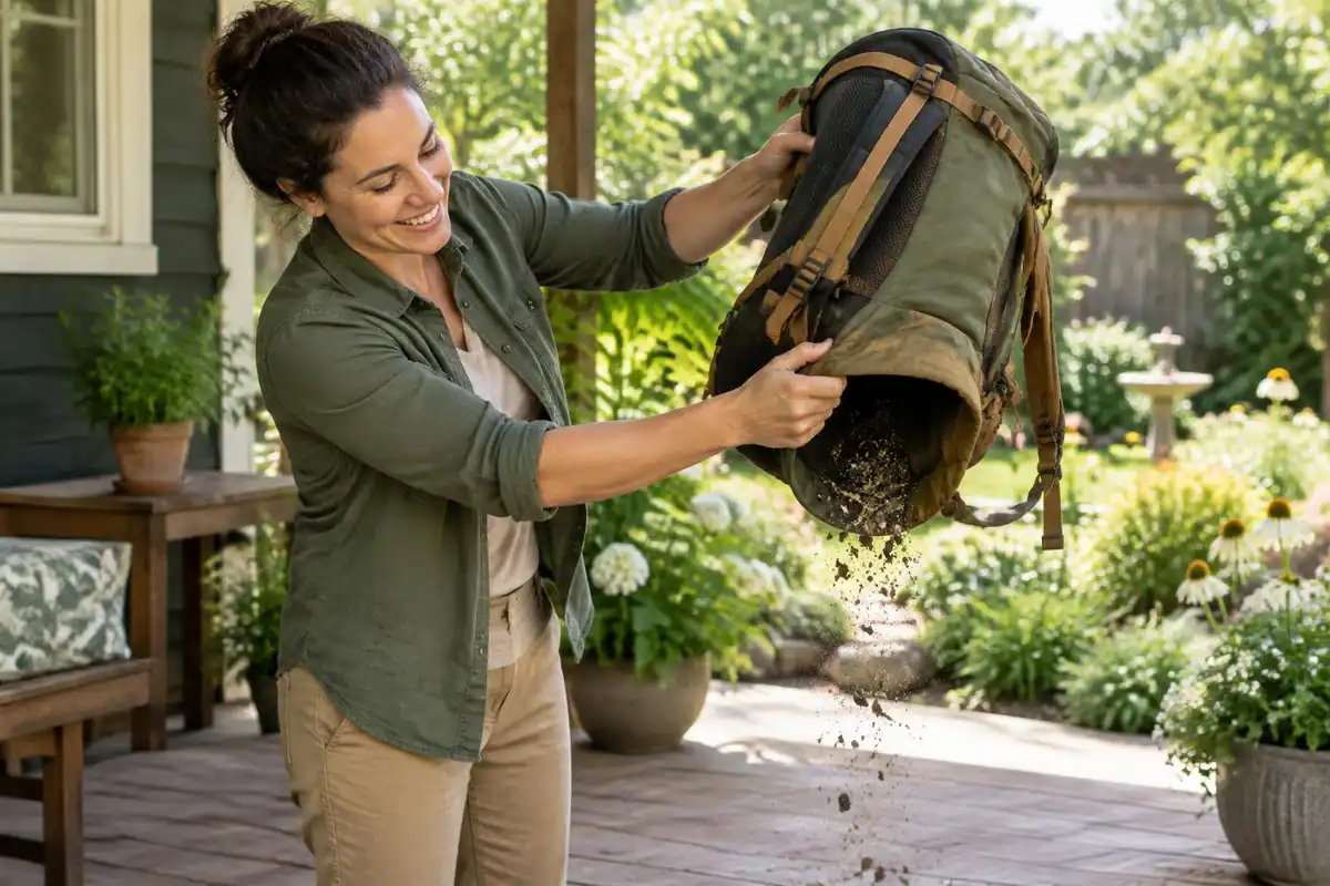 Person emptying and shaking crumbs from a pack on a back step