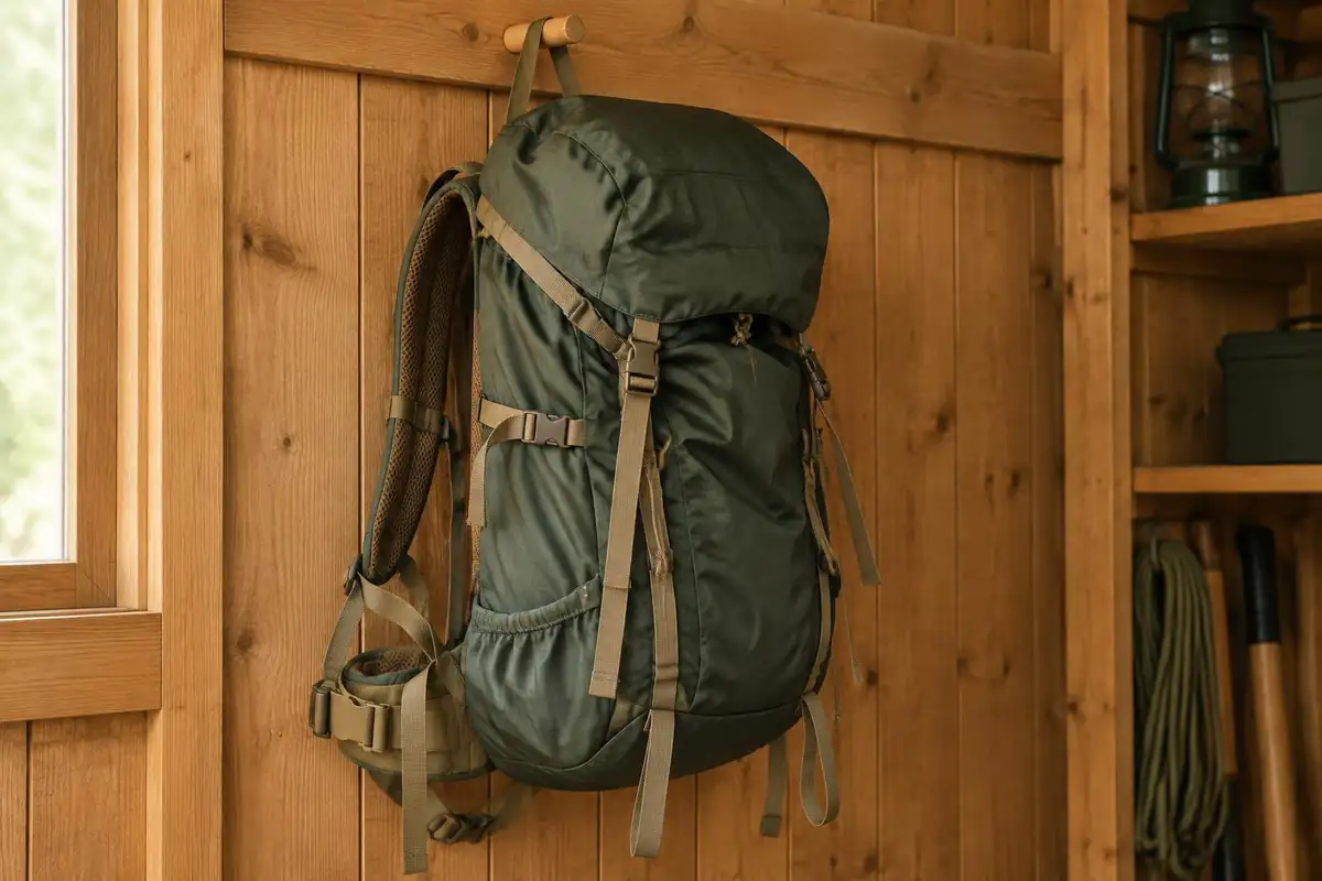 Pack hung on a peg with straps loosened in a dry shed