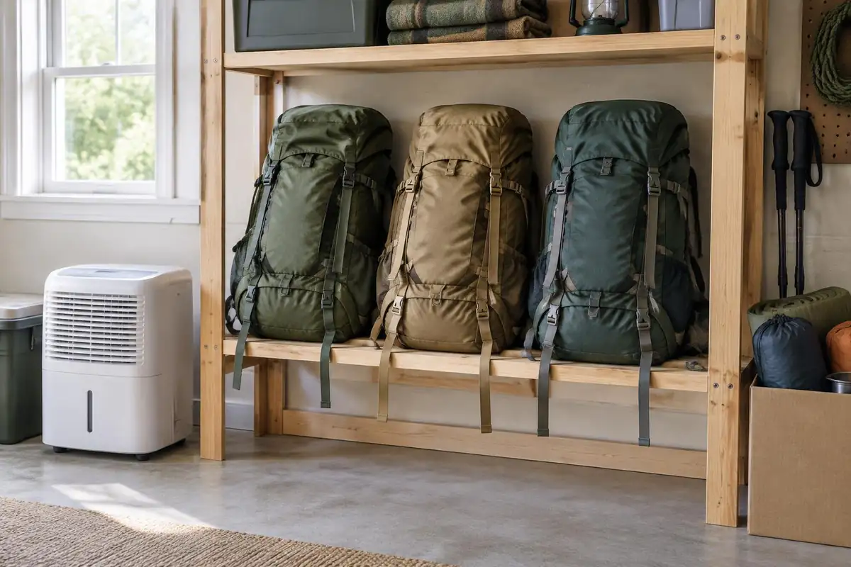 Packs stored neatly on a garage shelf with straps loosened